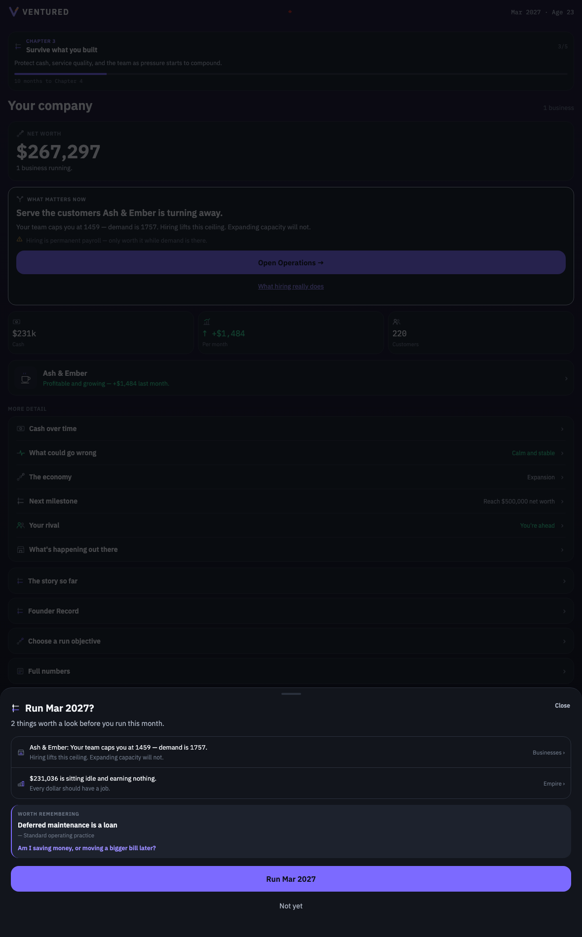 VENTURED monthly decision summary screen