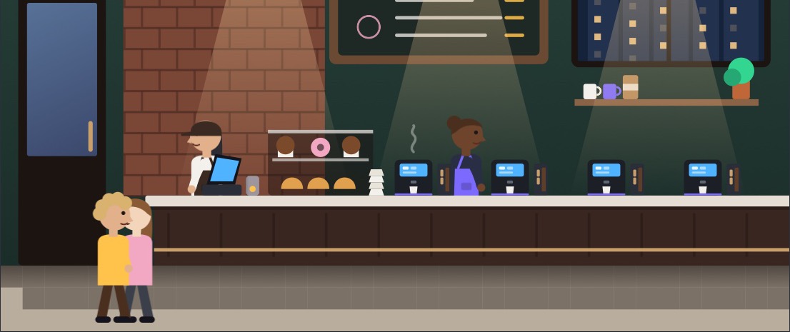 A VENTURED café interior: baristas, espresso machines and customers